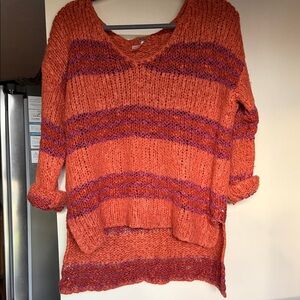 Free People Vibrant Orange and Purple V-Neck Sweater